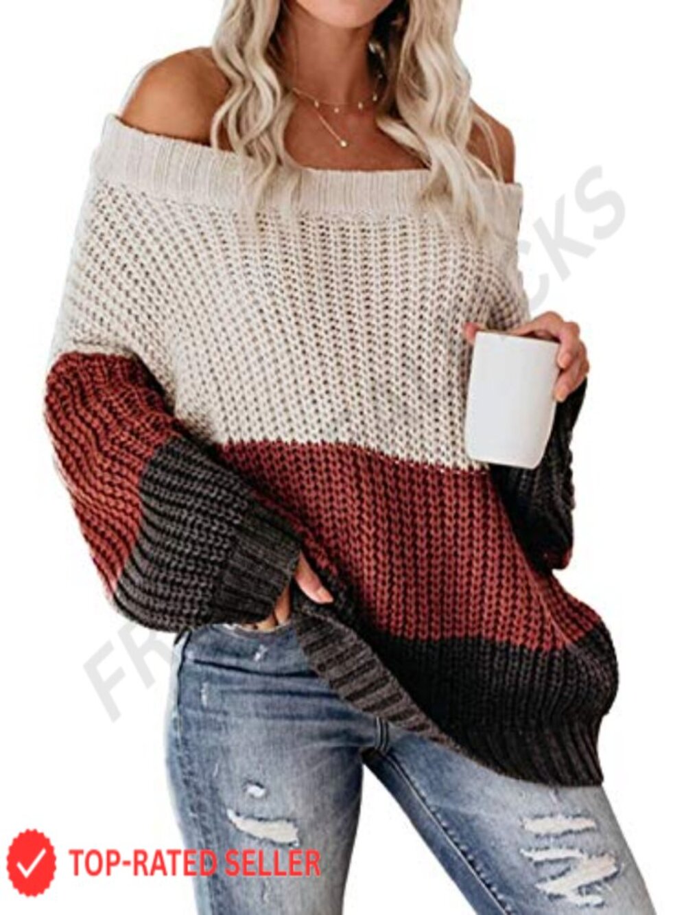 Off Shoulder Color Block Oversized Chunky Knit Pullover Sweater